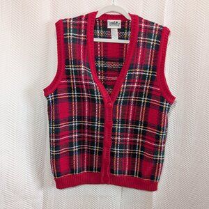 Northern Reflections Red Plaid Tartan Knit Sweater Vest Large Vintage Grandpa